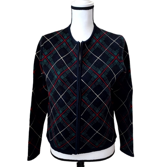 Talbots Made in Italy 100% Merino Wool Argyle Print Zippered Cardigan Small - Picture 1 of 10